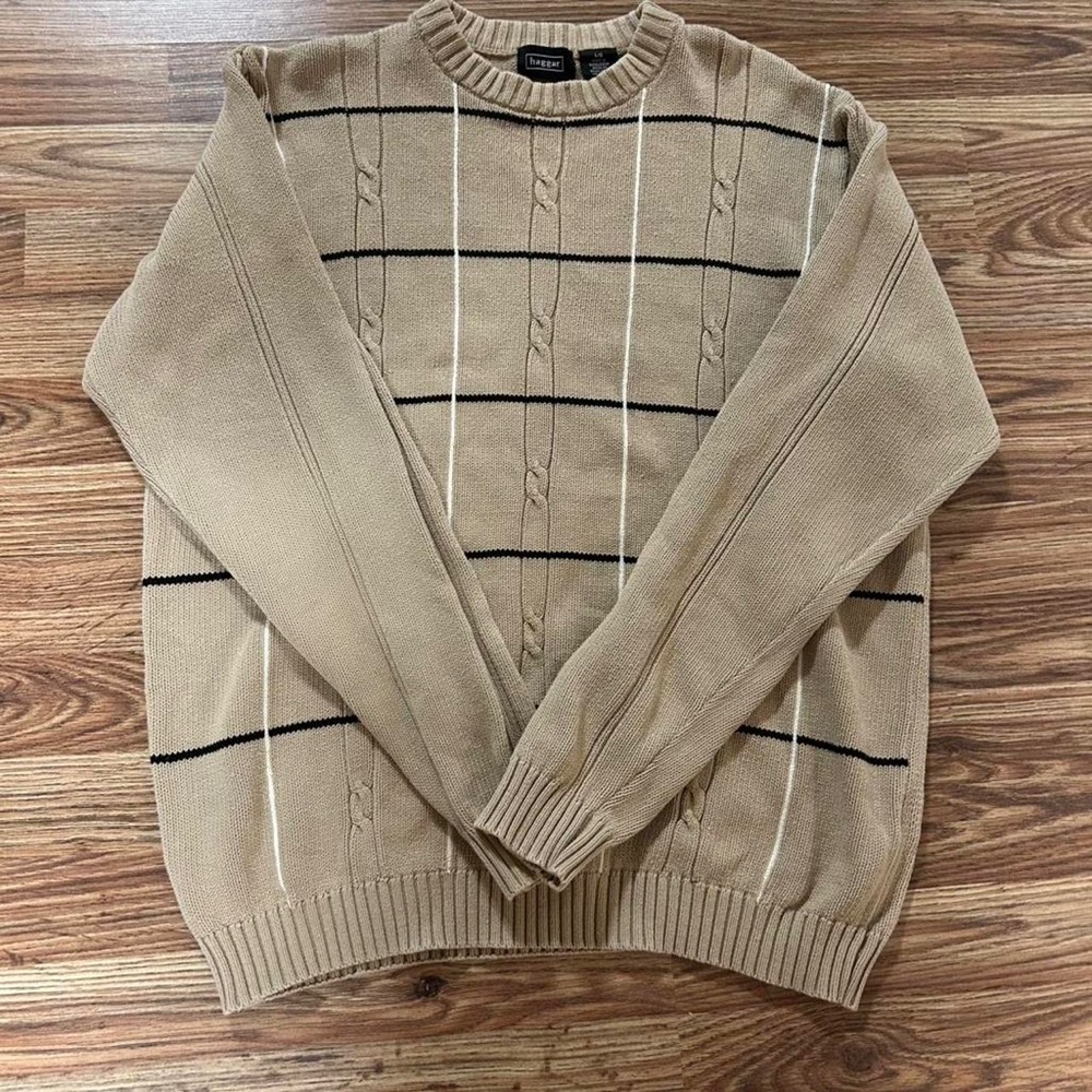Haggar Tan Crewneck Sweater with Black & White Stripe Detail